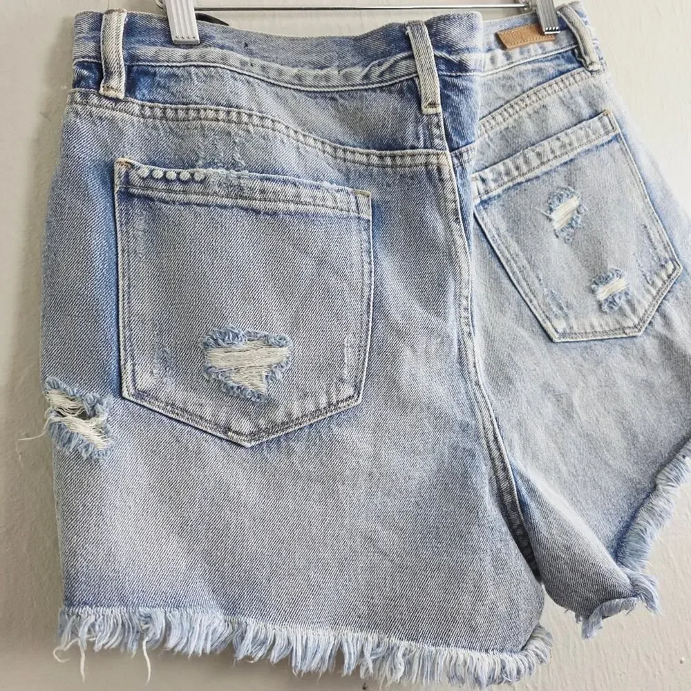 Blank NYC The Barrow Distressed High Waisted Cut Off Denim Shorts Blue Wash 32